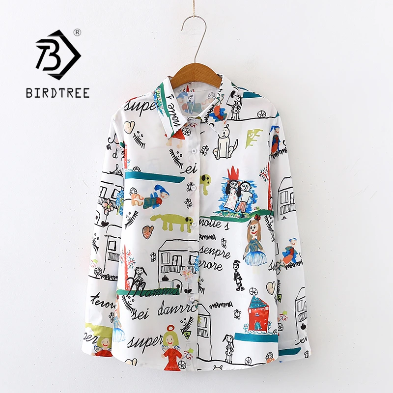 2020 Spring New Women Cartoon doodle Print Chiffon Blouse Autumn Long Sleeve White Shirt Vintage Loose Tops Feminina Blusa T9D74 ladies white shirt