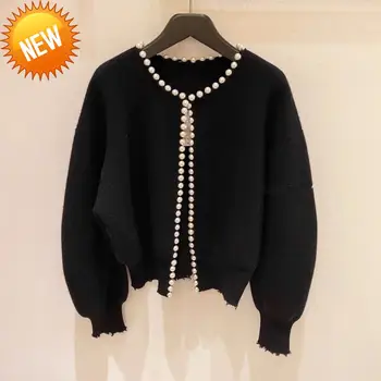

Fashion New Women Beading V Neck Knitted Sweater Female Long Sleeves Knitted Cardigan Ladies KnitwearTops