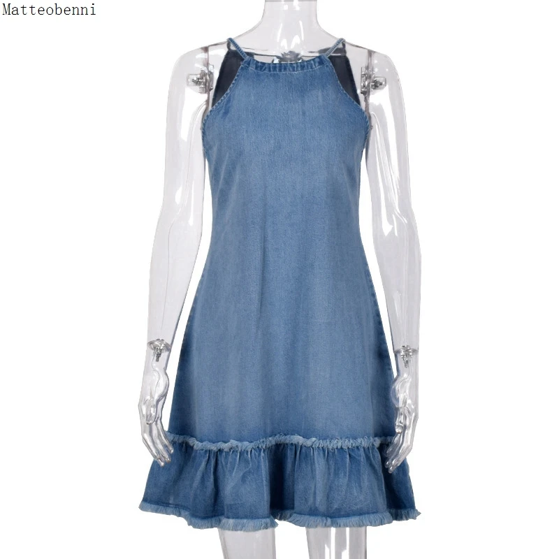 Women Sexy Halter Denim Dress 2020 Summer Casual Backless Mini