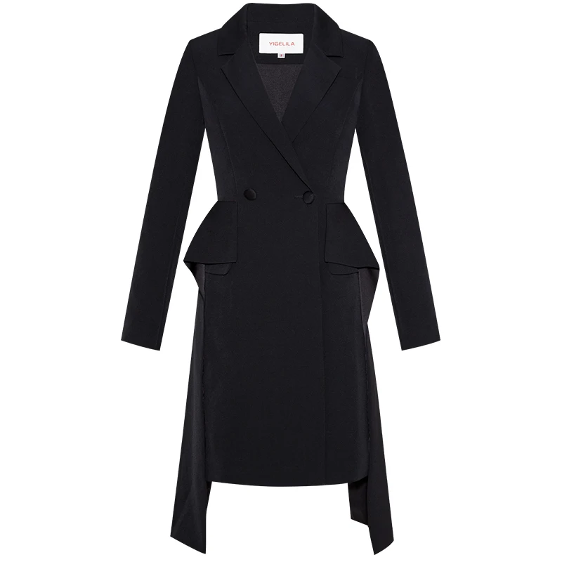 YIGELILA, осень, Новое поступление, черное платье, отложной воротник, с покетами, короткое, офисное, женское, двубортное платье 65277