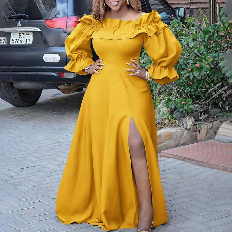 Off Shoulder Maxi Dress 2021 Vonda Women Vintage Long Sleeve High Slit ...