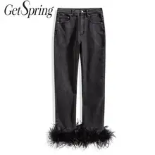 Getвесенние женские джинсы с перьями, черные джинсы с высокой талией, джинсовые штаны с несколькими карманами, женские свободные джинсы, брюки ранней весны