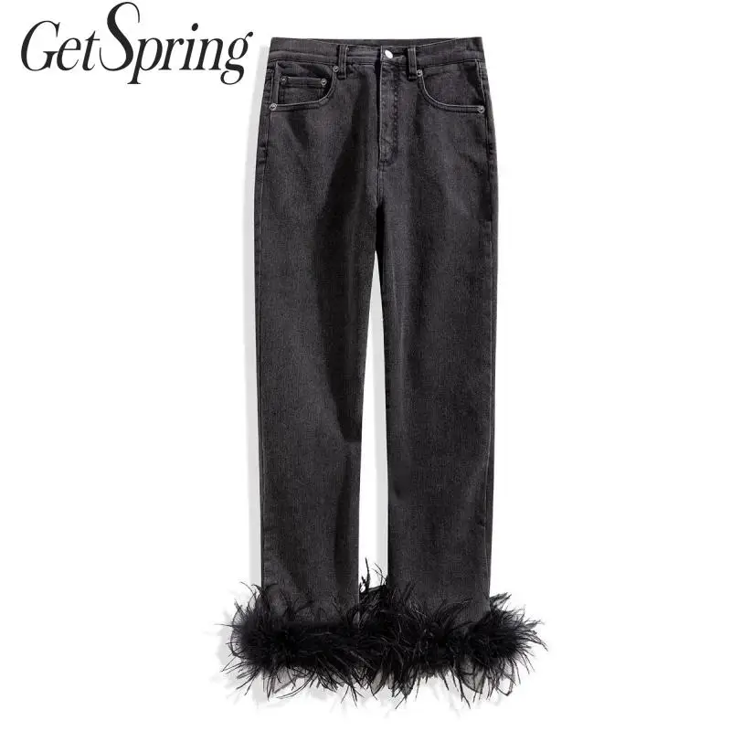 Джинсы GetSpring женские с перьями черные джинсы высокой талией со множеством