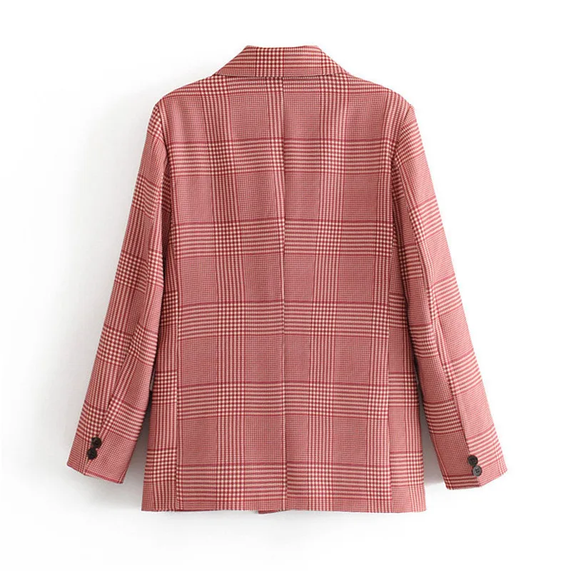 

Women elegant houndstooth plaid Suit blazer Notched Collar long sleeve pockets red coat female office wear fashion tops