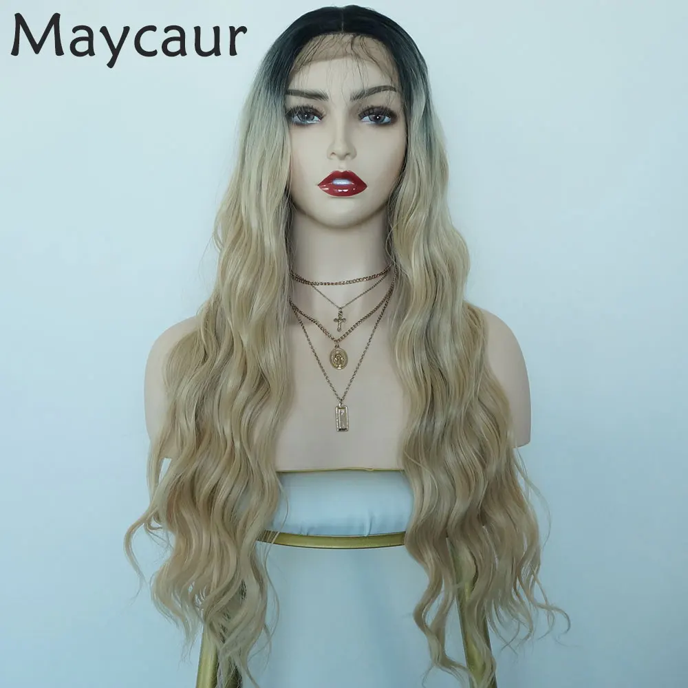 

Maycaur Loose Wave Hair Synthetic Lace Front Wigs Ombre Blonde with Baby Hair Glueless Heat Resistant Fiber Wig for Women