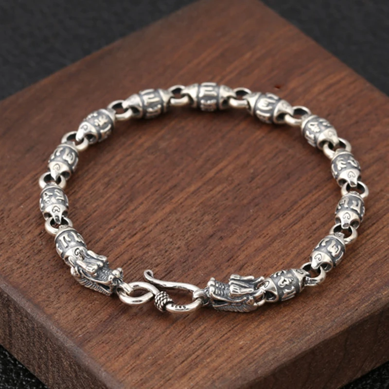 

925 Silver Bracelet Men Vintage Punk High Polished Auspicious Flowers Embossed Bracelets Handmade Thai Silver Jewelry