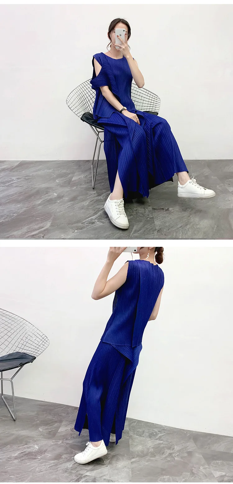 MIYAKE/костюм со складками; Новинка года; сезон весна; Необычная футболка+ повседневные Прямые брюки; комплект из двух предметов; брючный костюм;