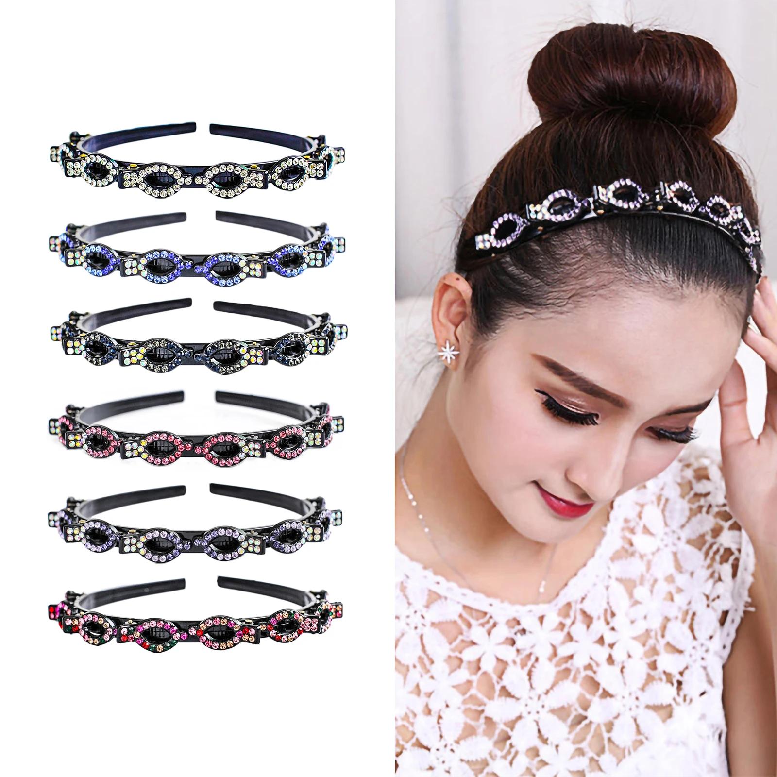 

New Woven Headband Rhinestone Clip Hair Accessories Bangs Double Headband Hollow Braided Hairband Hairpin