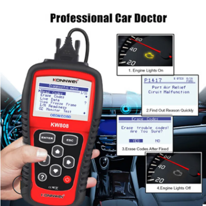 Новинка KONNWEI KW808 авто OBDII EOBD сканер диагностический инструмент считыватель кодов