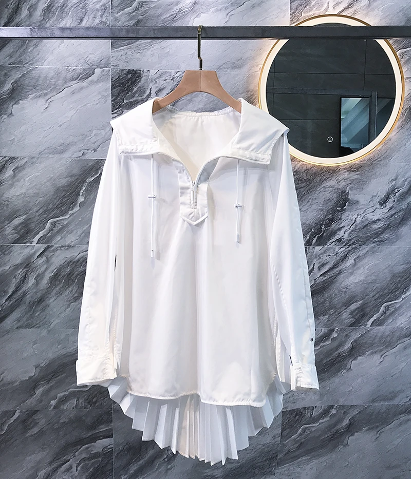 Neploe 2020 Korean Hooded Blouse Top Fashion Long Sleeve Sunscreen Blouses Coat Clothes Women Spring Pleated Blouse Jacket 57144