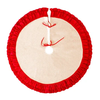 

48 Inch Linen Burlap Christmas Tree Skirt Plaid Ruffle Edge Border Round Mat Xmas Décor