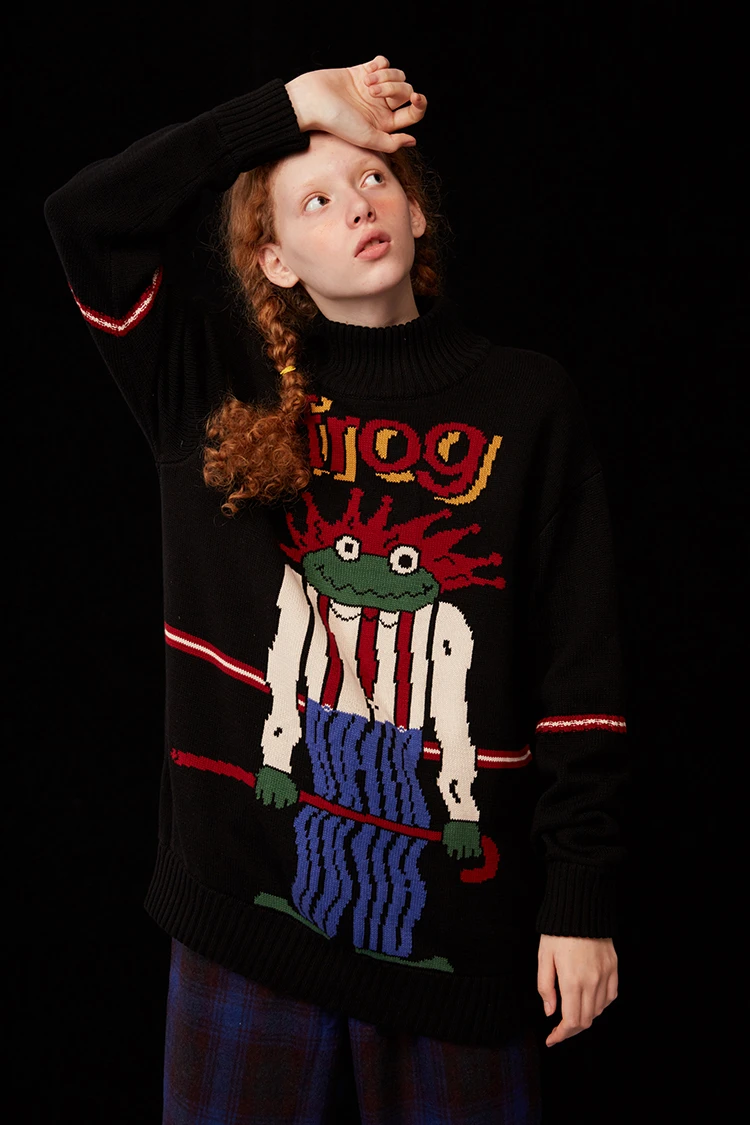 Women's Knitted Sweaters Frog Cartoon Art Embroidery JKP4769