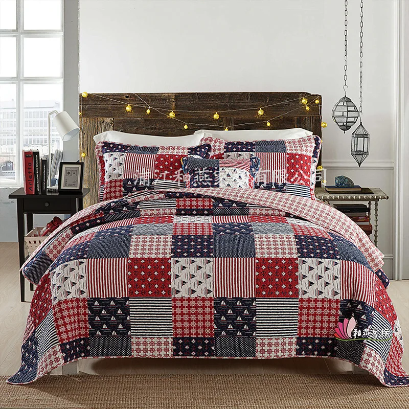 

American-Style Faux Spell Tabby Printed Washable Quilt Cotton Quilted Three-piece Bed Sheet Set Bedding Article Pure Cotton