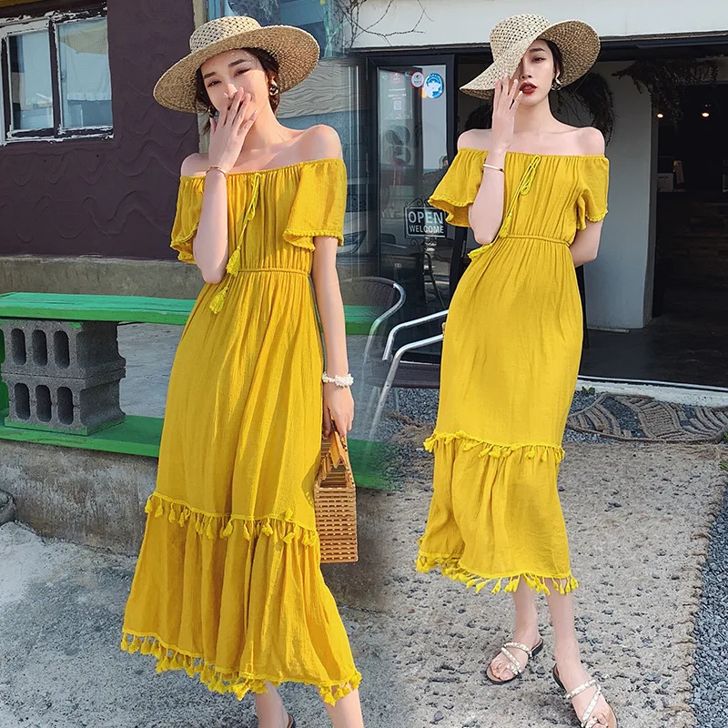 yellow off the shoulder sundress