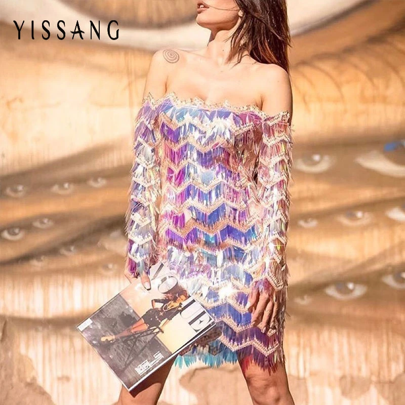 

Yissang Sliver Elegant Club Party Short Strappless Dress Autumn Sexy Off Should Bling Sequined Night Dresses Shining Vestidos