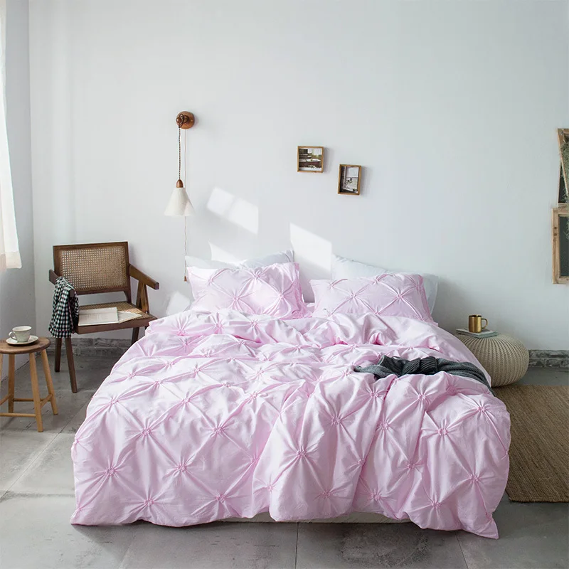 100%Cotton White Blue Bedding set Flat Bed sheet 4Pcs Queen King size Chic Home Pinch Pleated Ruffled Duvet Cover Pillowcase