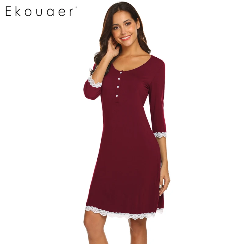 Najtaniej Ekouaer koszula nocna wiosna lato bielizna nocna sukienka kobiety moda koszula nocna dekolt macierzyński rękaw 3 4 przycisk bielizna nocna