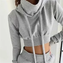 Elastic Waist Closed and Navel Exposed High Neck Hooded Sports Women's Autumn Loose Leisure Sleeve Coat Fashion Clothes