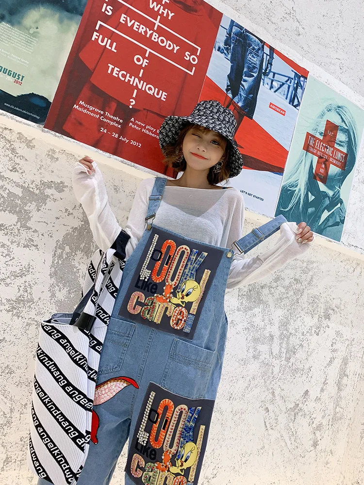 Cartoon denim bib female high street jumpsuit brand new loose embroidery workwear wide leg one-piece pants cartoon overalls