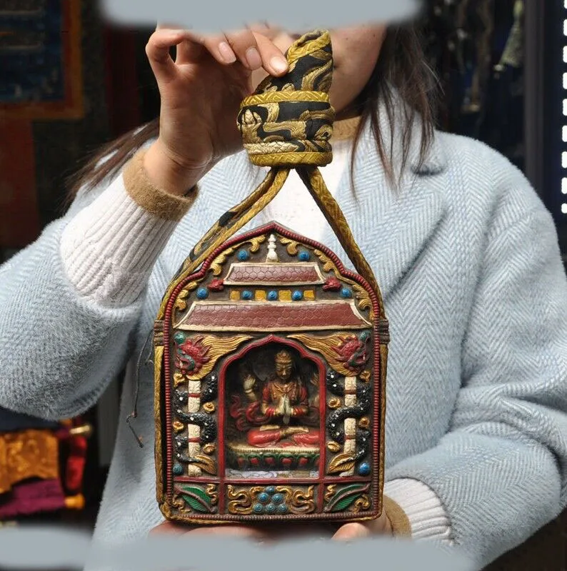 

wedding decoration Tibetan Buddhism Bronze Painted silk Dragon 4 Arms Chenrezig tara Shrines statue