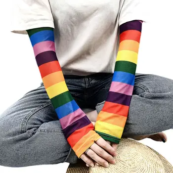 

Women Girls Summer Ice Silk Arm Sleeves Cover Rainbow Colored Striped Harajuku Sun Protection Cooling Cycling Driving Gloves