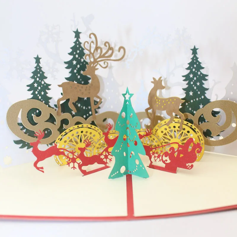  10pcs Christmas Deer Tree 3D Pop UP Cards Gift Postcard with Envelope Xmas Invitation Greeting Card - 4.00029E+12