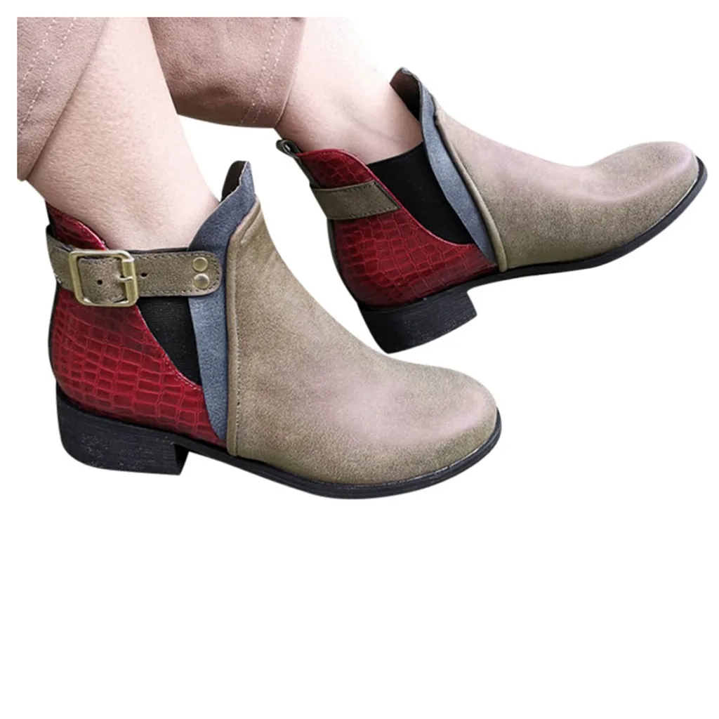 Весенне-Зимние новые модные женские разноцветные полусапожки на квадратном каблуке с пряжкой и ремешком обувь с круглым носком Повседневная обувь на плоской подошве# O17 - Цвет: Серый
