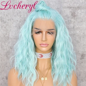 

Lvcheryl Short Synthetic Front Lace Wigs Light Blue Hair Heat Resistant Natural Water Wave Hair Free Parting Wigs for Women