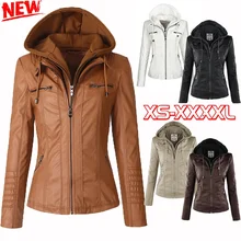 Women's Fashion Long Sleeve Zipper Leather Jackets Slim Removable Hooded Coat Ladies Cool Motorcycle Jacket Outwear Plus Size