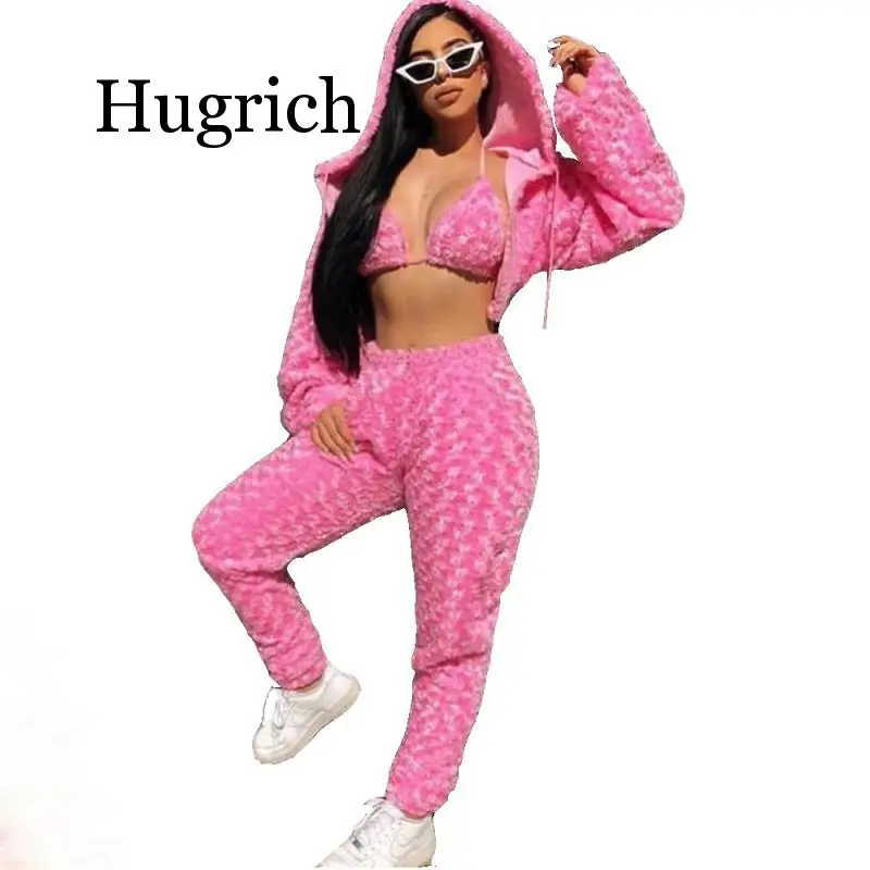 

Fuzzy Pink Sexy 3 Peice Set Women Clothes 2020 Streetwear Rave Festival Club Wear Trendy Outfits Matching Sets