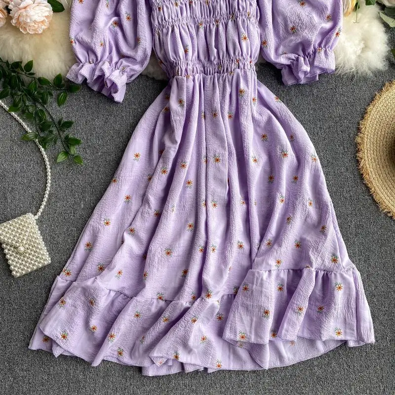 SINGRAIN Women Ruched Ruffle Dress Korean Puff Sleeve Slash Neck A Line Dress Summer Vacation Casual Print Floral Dress 2020