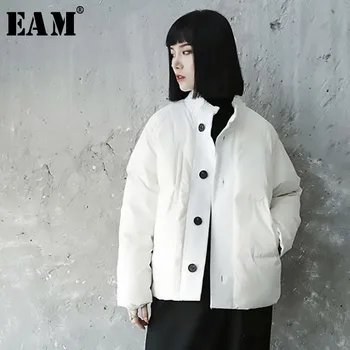 

[EAM] Loose Fit Big Size Warm Down Jacket New Stand Collar Long Sleeve Warm Women Parkas Fashion Tide Spring Autumn 2020 JL295