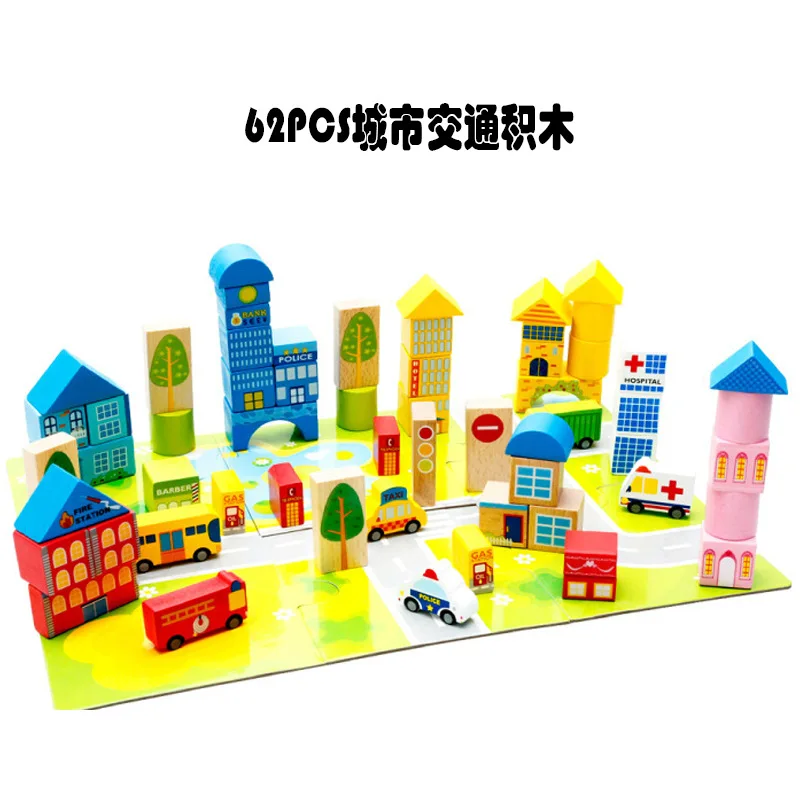 

Hot Selling Children Early Education Scene 62 Grain City Traffic Scene Building Blocks CHILDREN'S Toy Wooden Building Blocks Edu