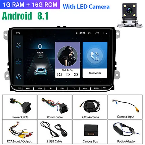 1 G 16G 4 led camera Camecho Android 9,0 2 din Автомобильный мультимедийный плеер для VW Passat Golf MK5 MK6 Jetta T5 EOS POLO Touran Seat Sharan gps навигация - Цвет: 1 G 16G 4 led camera