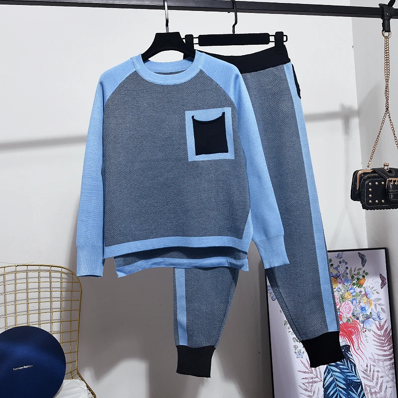 

Autumn Winter Casual Knit Set Women Contrast color Patchwork Long sleeve Pullover Tops Pencil Pants Knitted Tracksuit Women Set