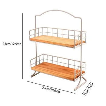 

Wrought Iron Storage Rack Desktop Skin Care Storage Holder Kitchen Supplies Two-Layer European Simple Wooden Basket