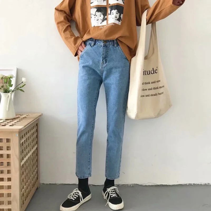 Синий Джинсы Mujer в Корейском стиле однотонные женские прямые джинсы осенние новые свободные шаровары джинсы с высокой талией - Цвет: Синий