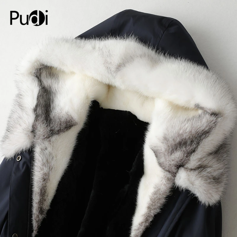 PUDI A49007, Женское зимнее хлопковое джинсовое пальто, натуральный кроличий мех, теплая куртка, норковый меховой воротник, пальто для девочек, Женская длинная куртка, пальто