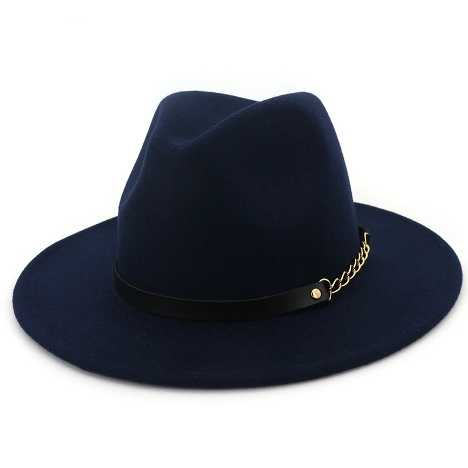 SHOWERSMILE шерстяная фетровая шляпа для женщин и мужчин, классическая шляпа Трилби с цепочкой, однотонная серая, верблюжья, осенне-зимняя мужская, женская шляпа со свининой - Цвет: navy blue hat