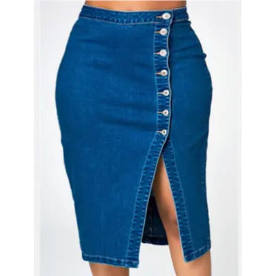 Однотонные облегающие джинсовые юбки до середины икры на пуговицах, женские повседневные узкие юбки большого размера, летние женские модные простые джинсовые юбки, Новинка - Цвет: Синий