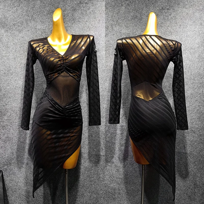 Latin Dance Dress Sexy See-Through Mesh Adults Practice Wear Salsa Rumba Cha Samba Tango Dancing Performance Clothing DN4858 |
