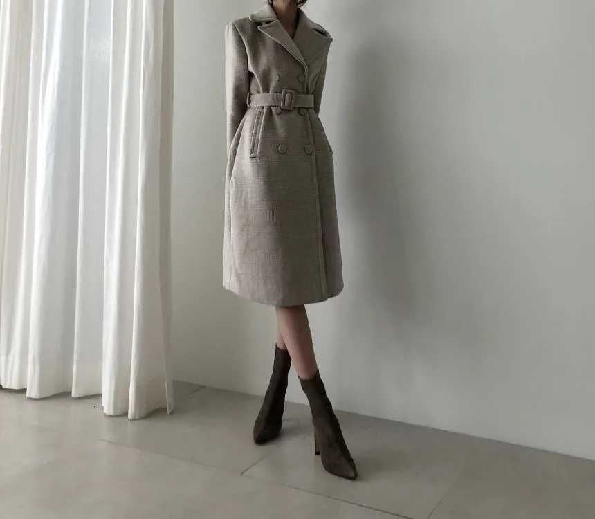 Зимнее женское пальто, новое шерстяное Casaco Feminino, Модное Длинное клетчатое пальто с поясом, офисное Женское пальто, манто Femme Hiver