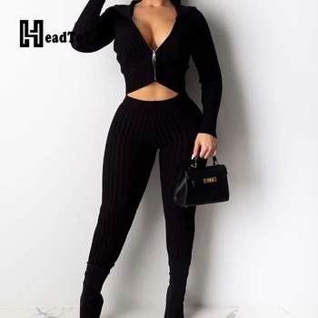 

Solid Zipper Front Hooded Crop Tops & Skinny Long Pants Set Women Sexy 2 Piece Outfits Party Clubwear