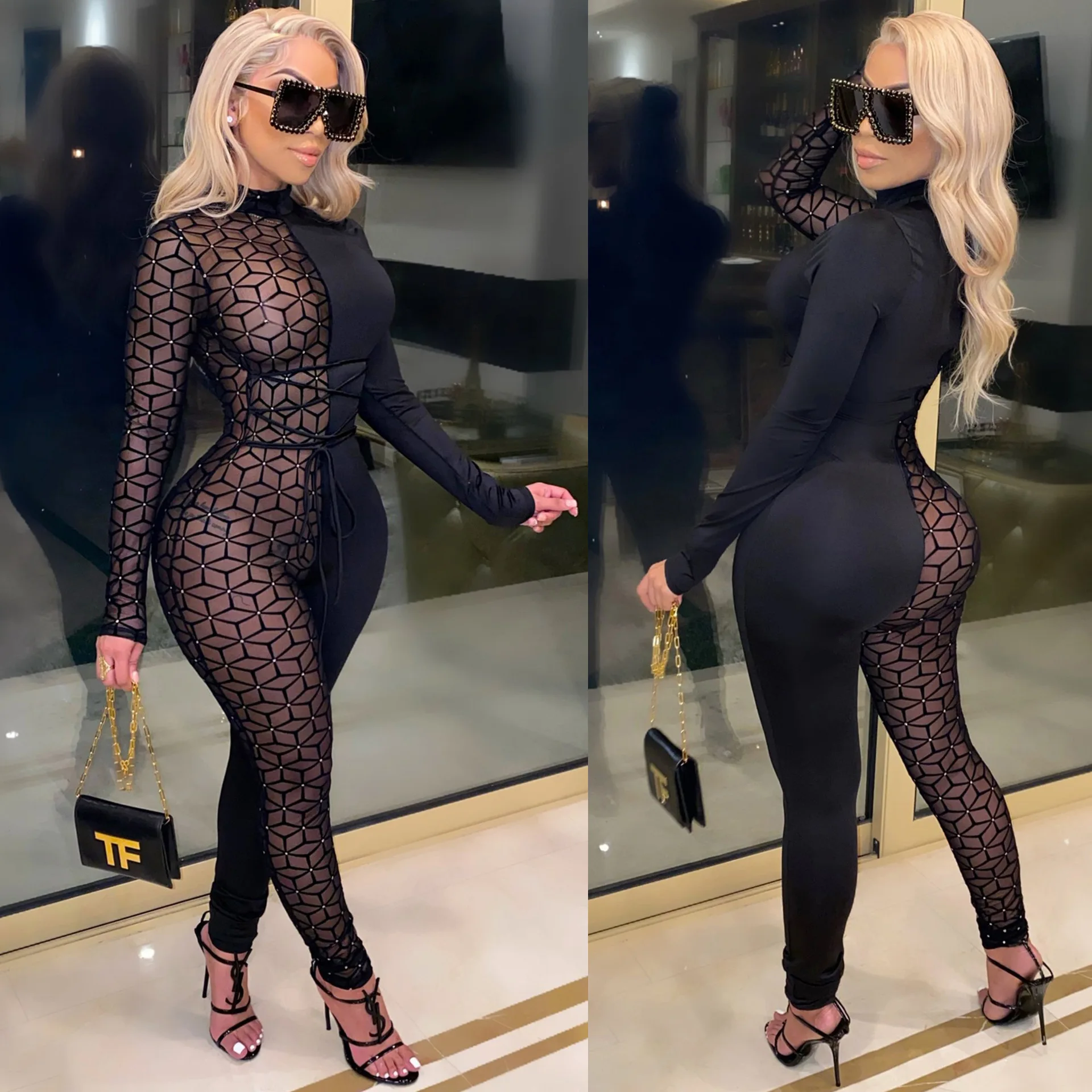 Sexy Sheer Mesh Color Patchwork See Through Night Party Club Skinny Jumpsuit Women Turtleneck Long Sleeve Romper Outfit Overalls corset bodysuit