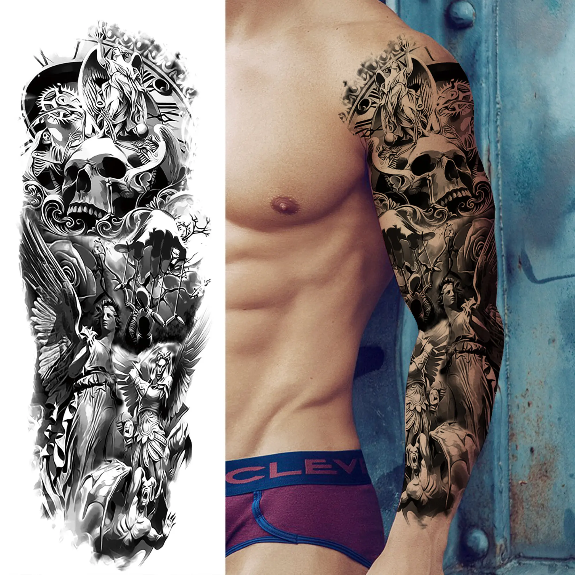 Compass Robot Arm Temporary Tattoos Sleeve For Men Women Realistic Fake Skull Angel Full Arm Tatoos Maori Totem Tattoo Sticker 5