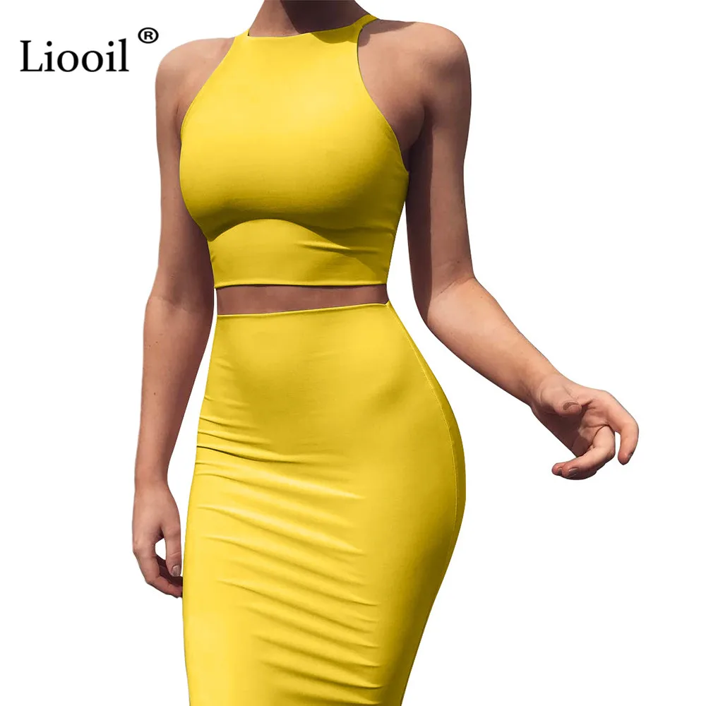 

Liooil Two Piece Outfits Set Sexy Bodycon Midi Tank Dress 2019 Sleeveless High Waist Tight Fitted Dresses Woman Party Night Club
