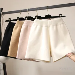 E roupas femininas outono alta inverno shorts usar perna cintura curta bota ampla malha elástica grosso novo exterior lã feminino shorts de malha
