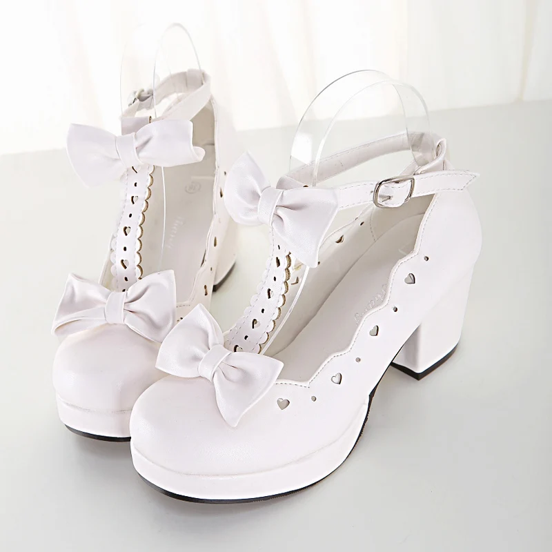 

Sweet Lolita Shoes Round Head Cute Double Bowknot Kawaii Buckles Loli Shoes Anime Cosplay Women Girl Shoes High Heels 6.5cm