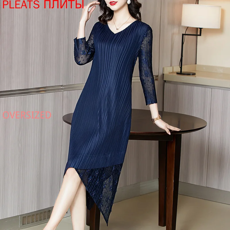 

Miyake Fold Beaded large Size Dress Spring 2023 New Loose Show Thin Please Vestido 3/4 Sleeve