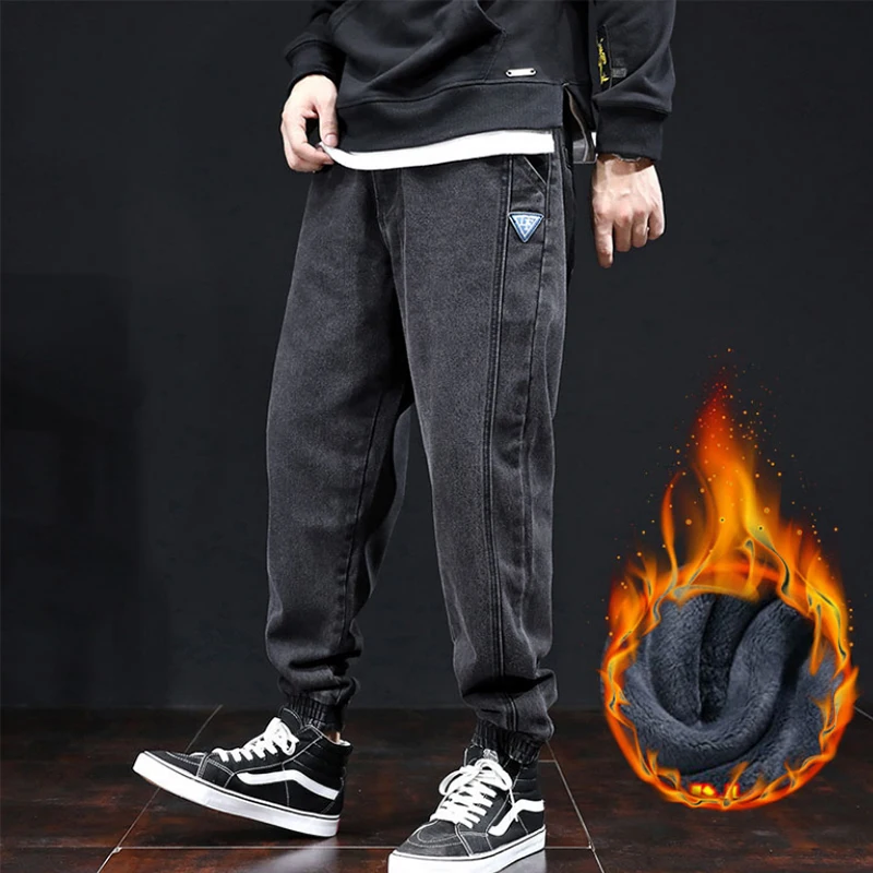 Мужские джинсы размера плюс эластичные свободные зауженные шаровары хлопковые